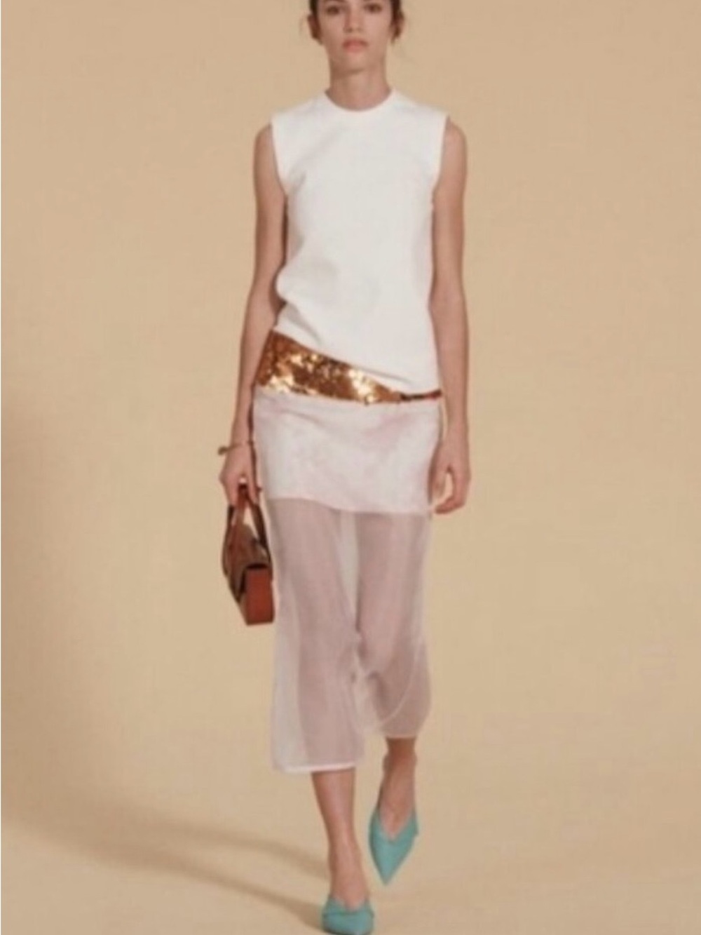 Zara White Sheer Maxi Skirt with Gold Sequin Waistband
